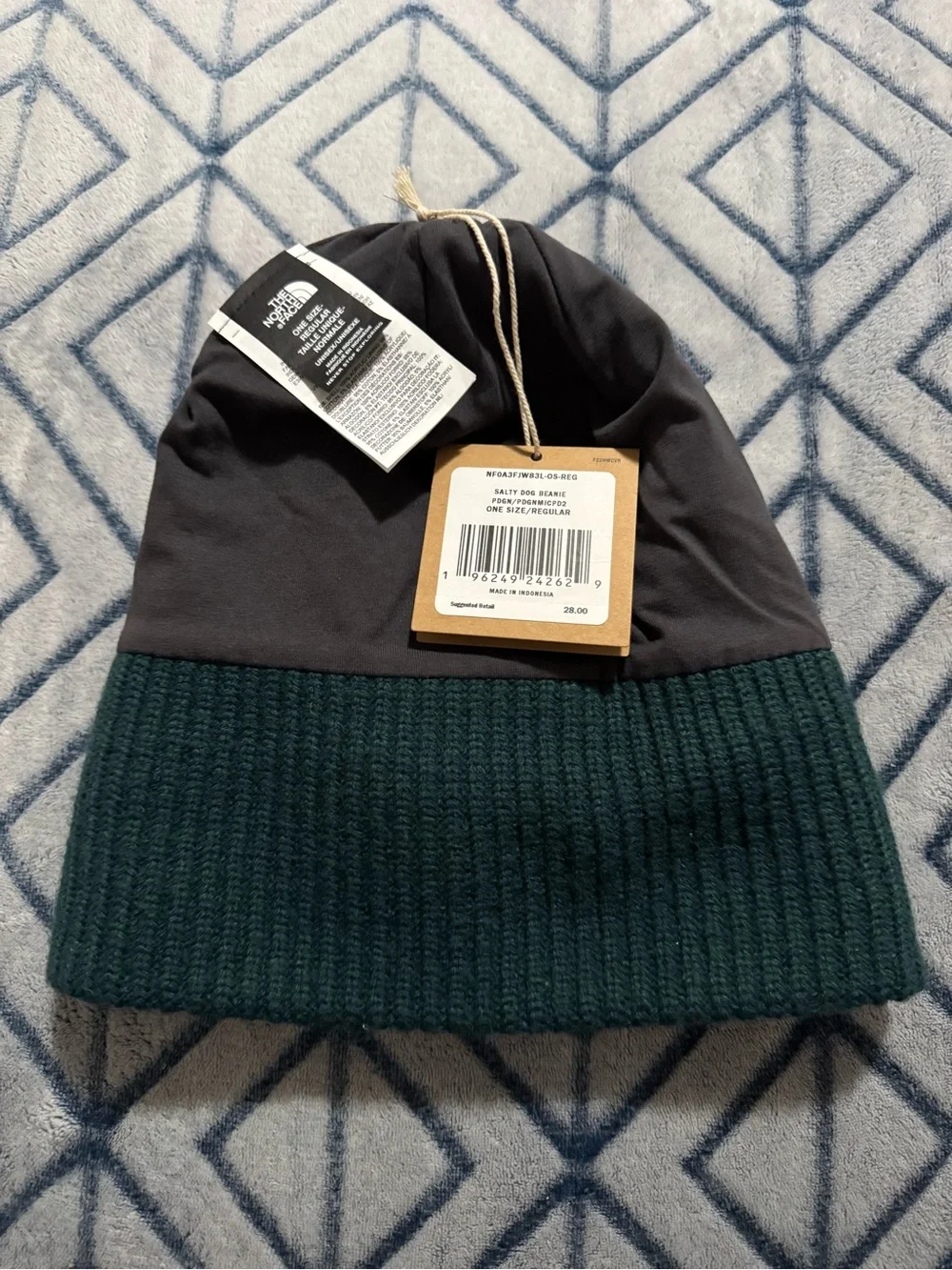 The North Face Forest Green Ribbed Cuffed Salty Dog Beanie with Logo Patch OSFM